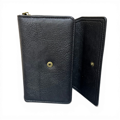 Black PU Leather Cotton Road Wallet with multiple card slots and zippered coin compartment