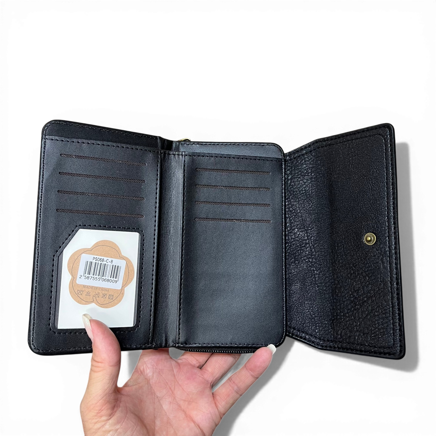 Black PU Leather Cotton Road Wallet with seven card slots, zippered coin compartment, and transparent ID window