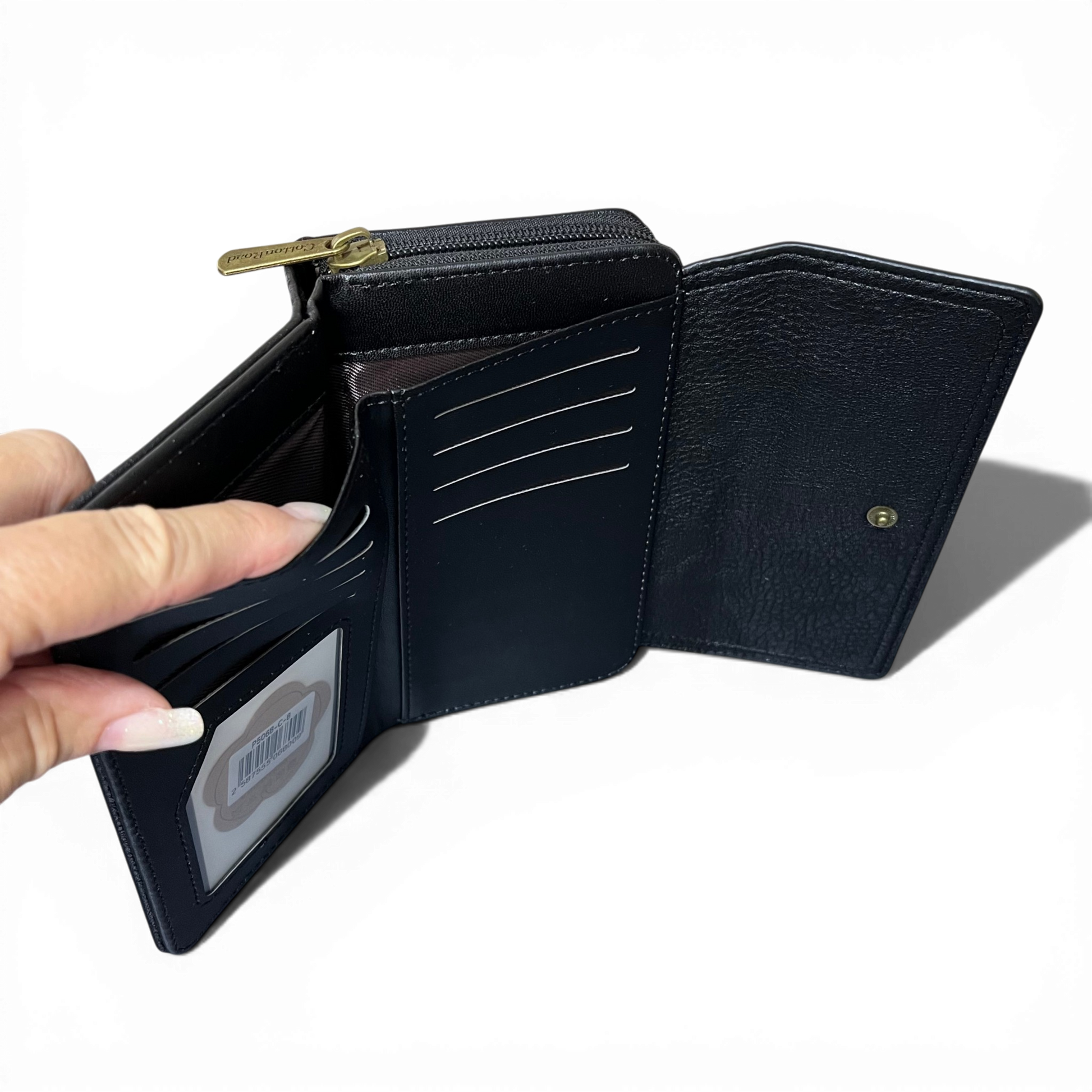 Black PU Leather Cotton Road Wallet with seven card slots, currency sections, ID window, utility clip, and zippered coin compartment.