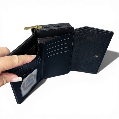Black PU Leather Cotton Road Wallet with seven card slots, currency sections, ID window, utility clip, and zippered coin compartment.