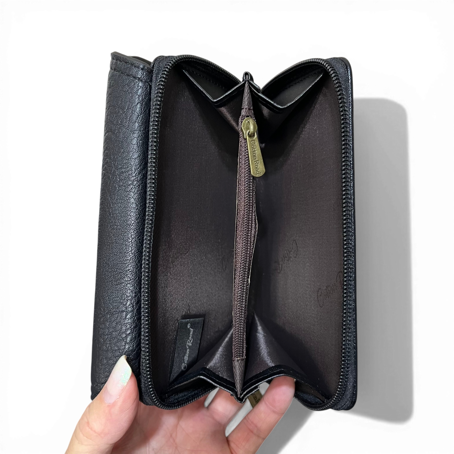 Black Cotton Road Wallet in medium size with PU leather, multiple card slots, zippered coin compartment, and transparent ID window.