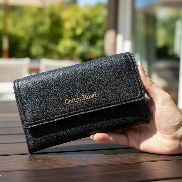 Black PU Leather Cotton Road Wallet with seven card slots, currency sections, ID window, utility clip, and zippered coin compartment.