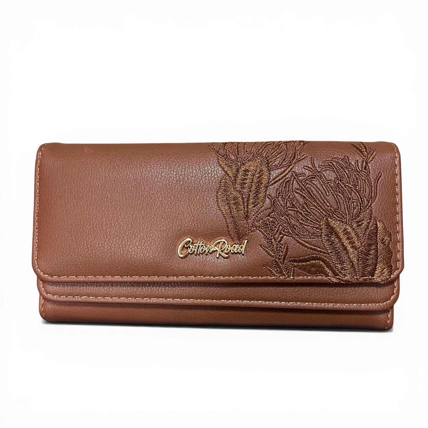 Large TAN BROWN Cotton Road Wallet with embroidered proteas and multiple compartments