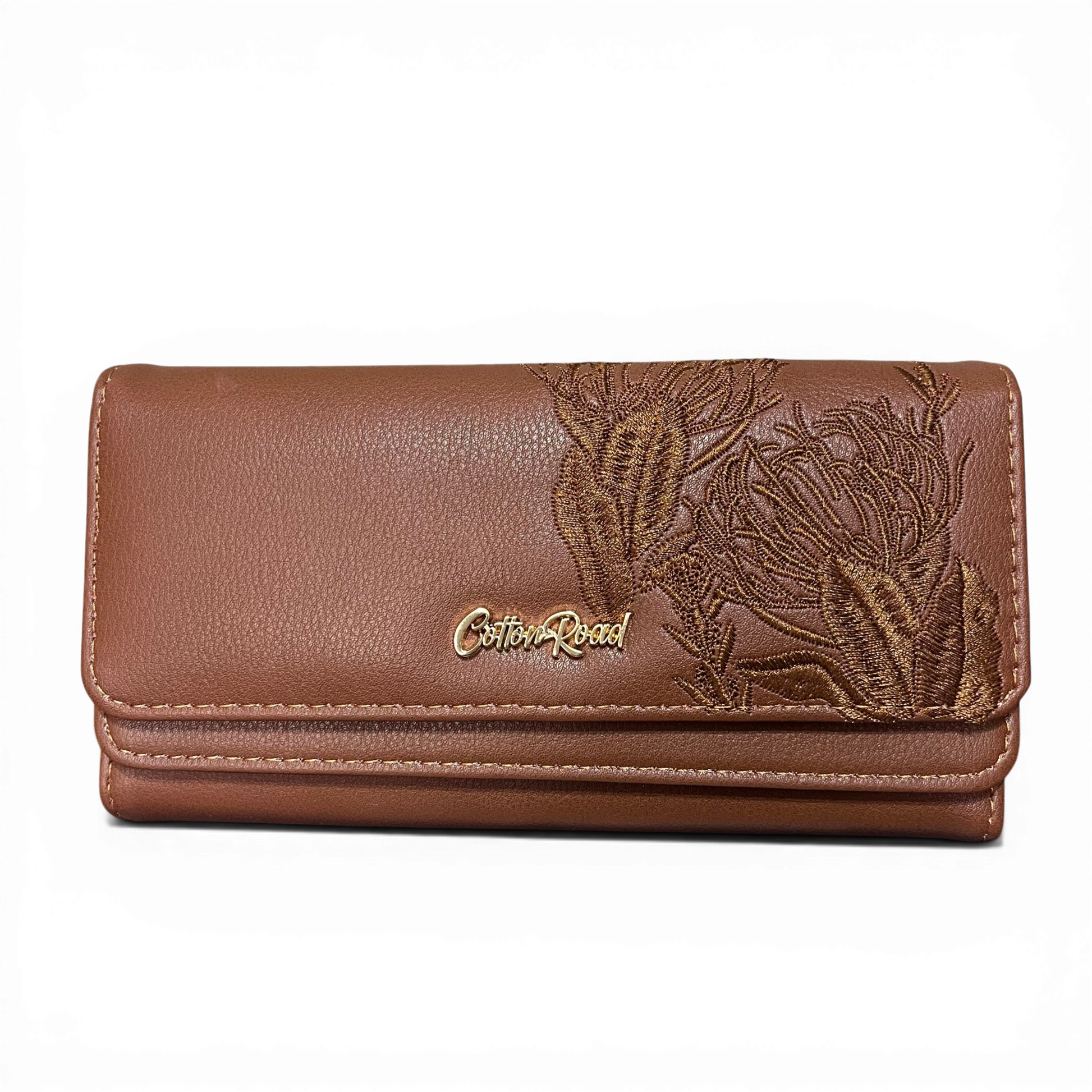 Large TAN BROWN Cotton Road Wallet with embroidered proteas and multiple compartments