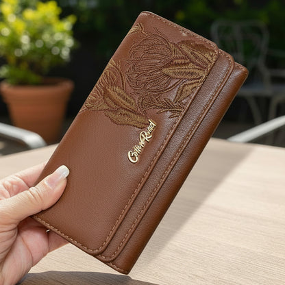 Large TAN BROWN Cotton Road Wallet in PU leather with embroidered proteas and multiple compartments