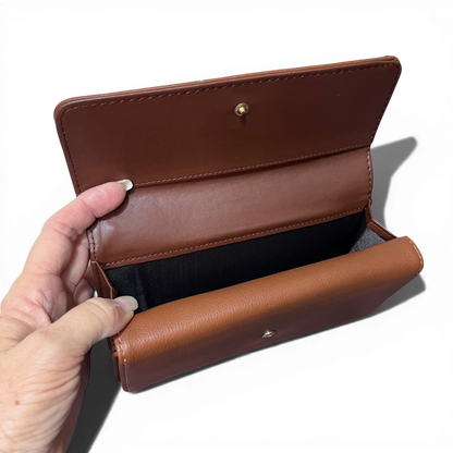 Large tan brown Cotton Road Wallet with embroidered proteas, multiple compartments, and PU leather design