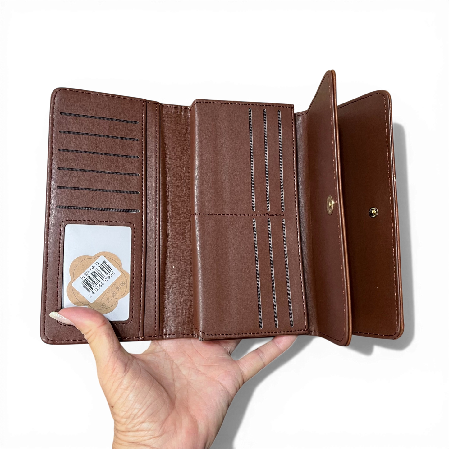 Large TAN BROWN Cotton Road Wallet in PU leather with embroidered proteas and multiple compartments