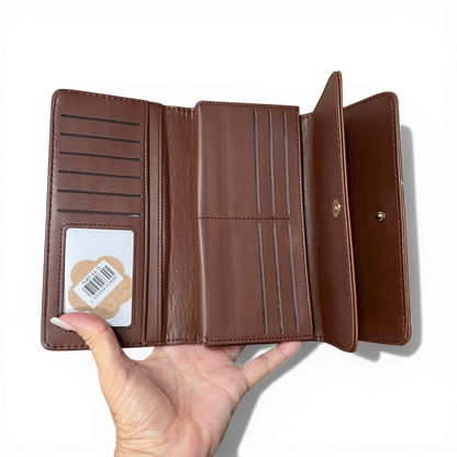 Large TAN BROWN Cotton Road Wallet in PU leather with embroidered proteas and multiple compartments