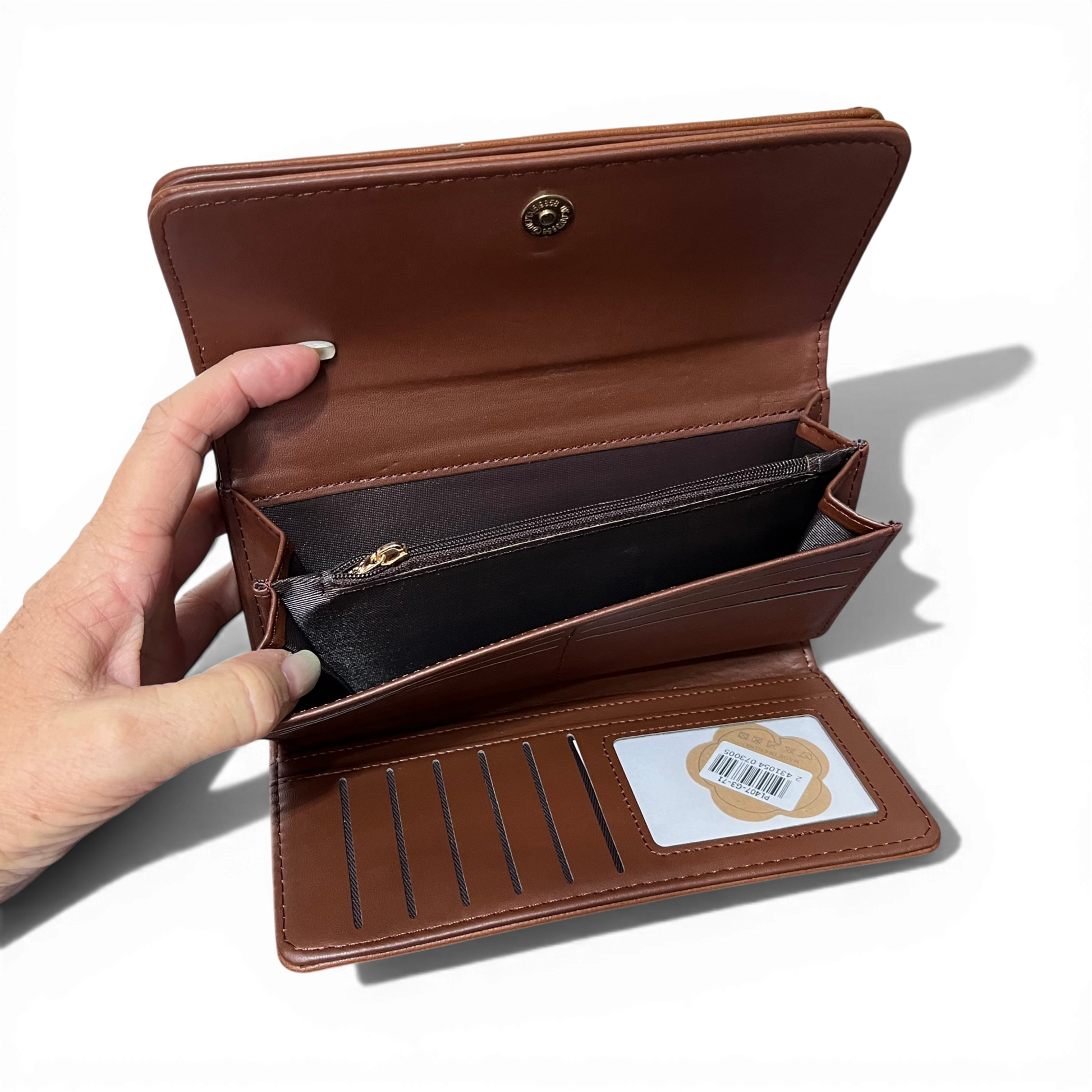 Large TAN BROWN PU Leather Cotton Road Wallet with embroidered proteas and multiple compartments