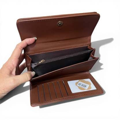 Large TAN BROWN PU Leather Cotton Road Wallet with embroidered proteas and multiple compartments