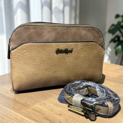 Khaki Cotton Road Sling Bag with adjustable strap and multiple zippered compartments