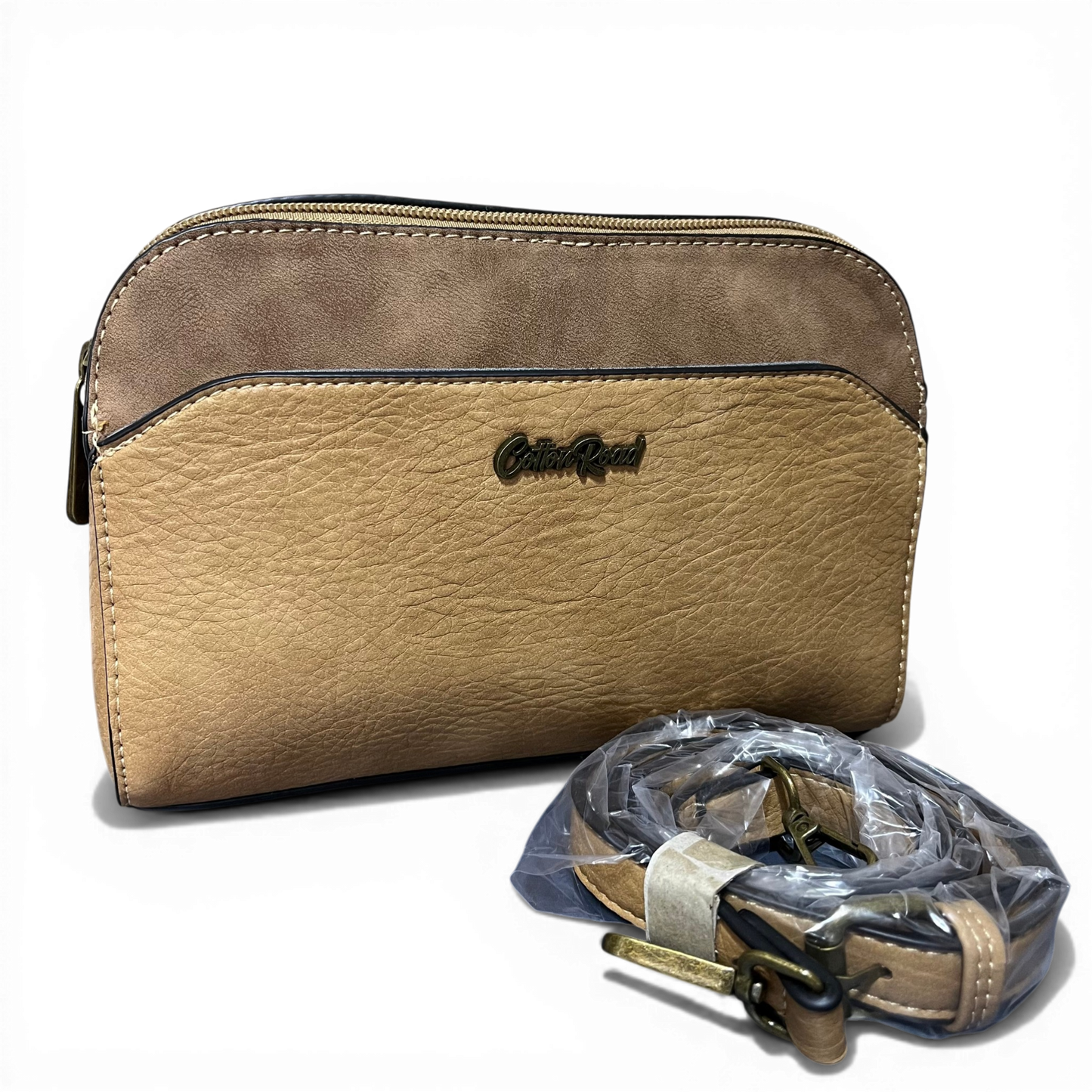 Cotton Road Sling Bag in khaki PU leather with multiple compartments and adjustable strap