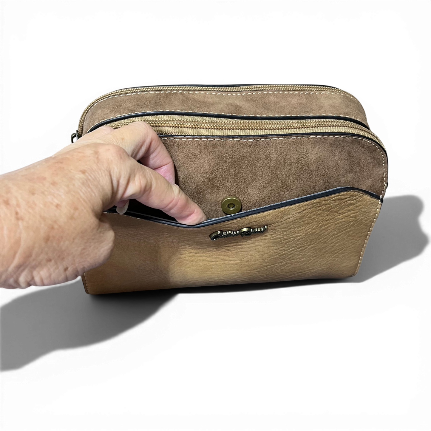Cotton Road Sling Bag and matching khaki PU leather wallet set with multiple compartments and adjustable strap
