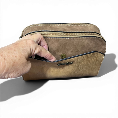 Cotton Road Sling Bag and matching khaki PU leather wallet set with multiple compartments and adjustable strap