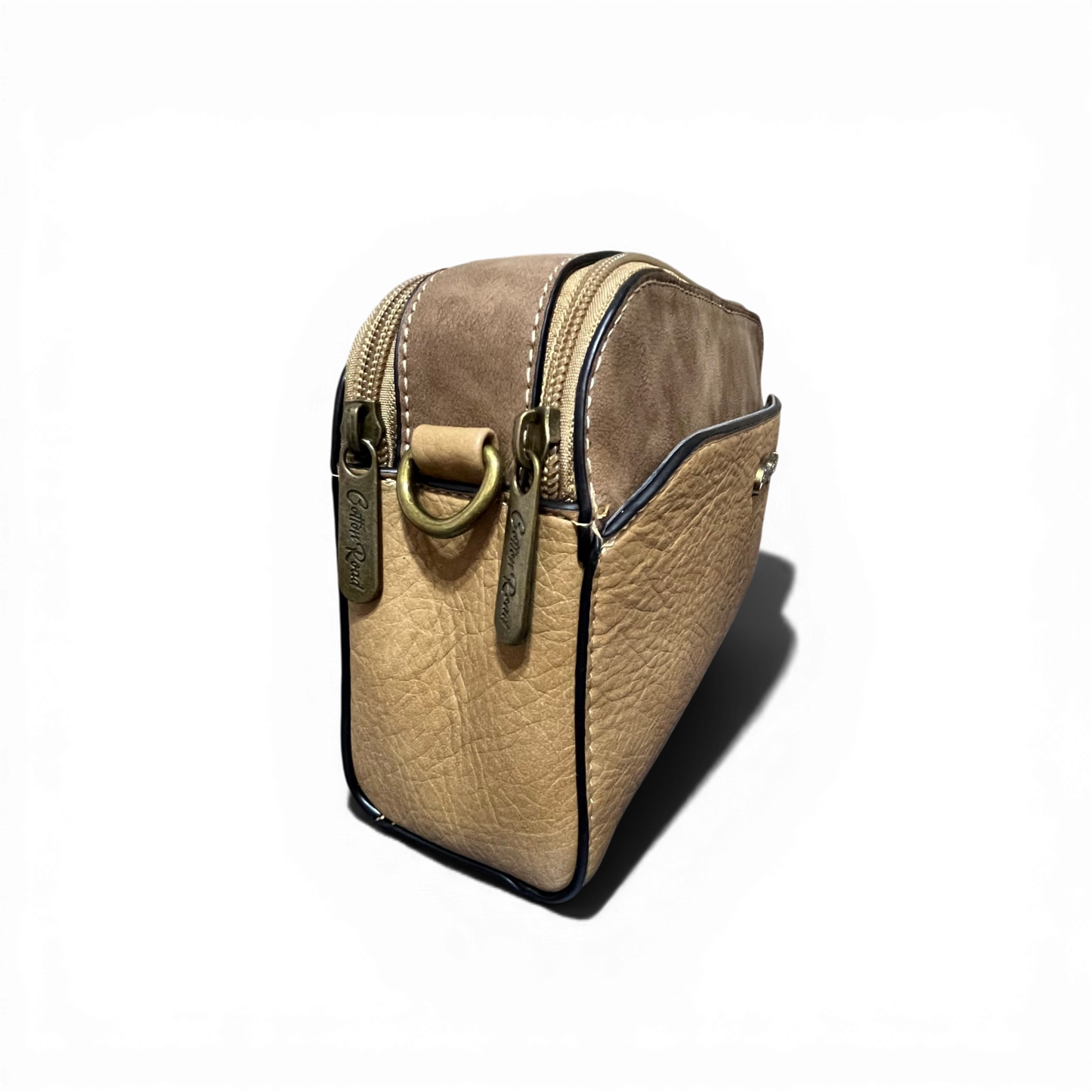 Cotton Road Sling Bag and matching khaki PU leather wallet set with multiple zip compartments and adjustable strap