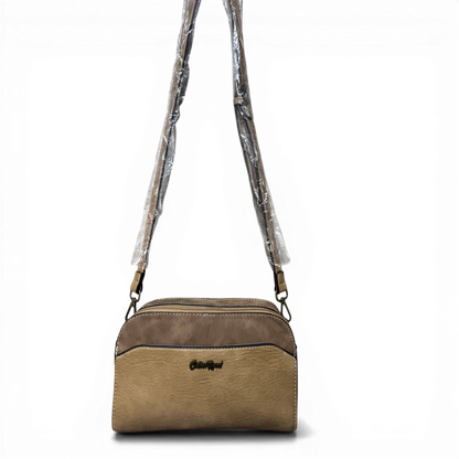 Cotton Road Khaki PU leather sling bag and matching wallet set with multiple compartments and adjustable strap