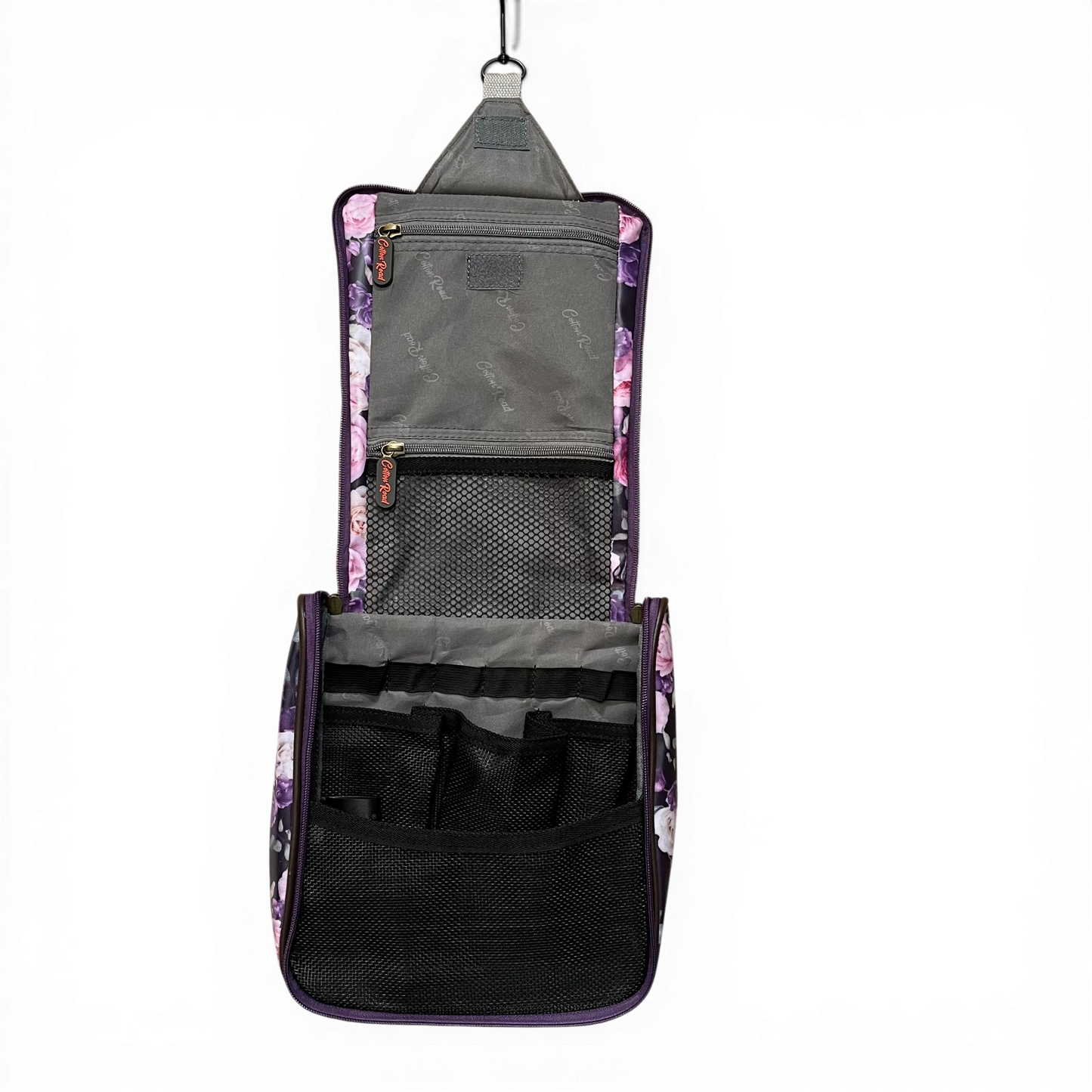 Purple floral Cotton Road toiletry bag hanging vanity with zippered compartment and interior pockets