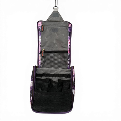 Purple floral Cotton Road toiletry bag hanging vanity with zippered compartment and interior pockets