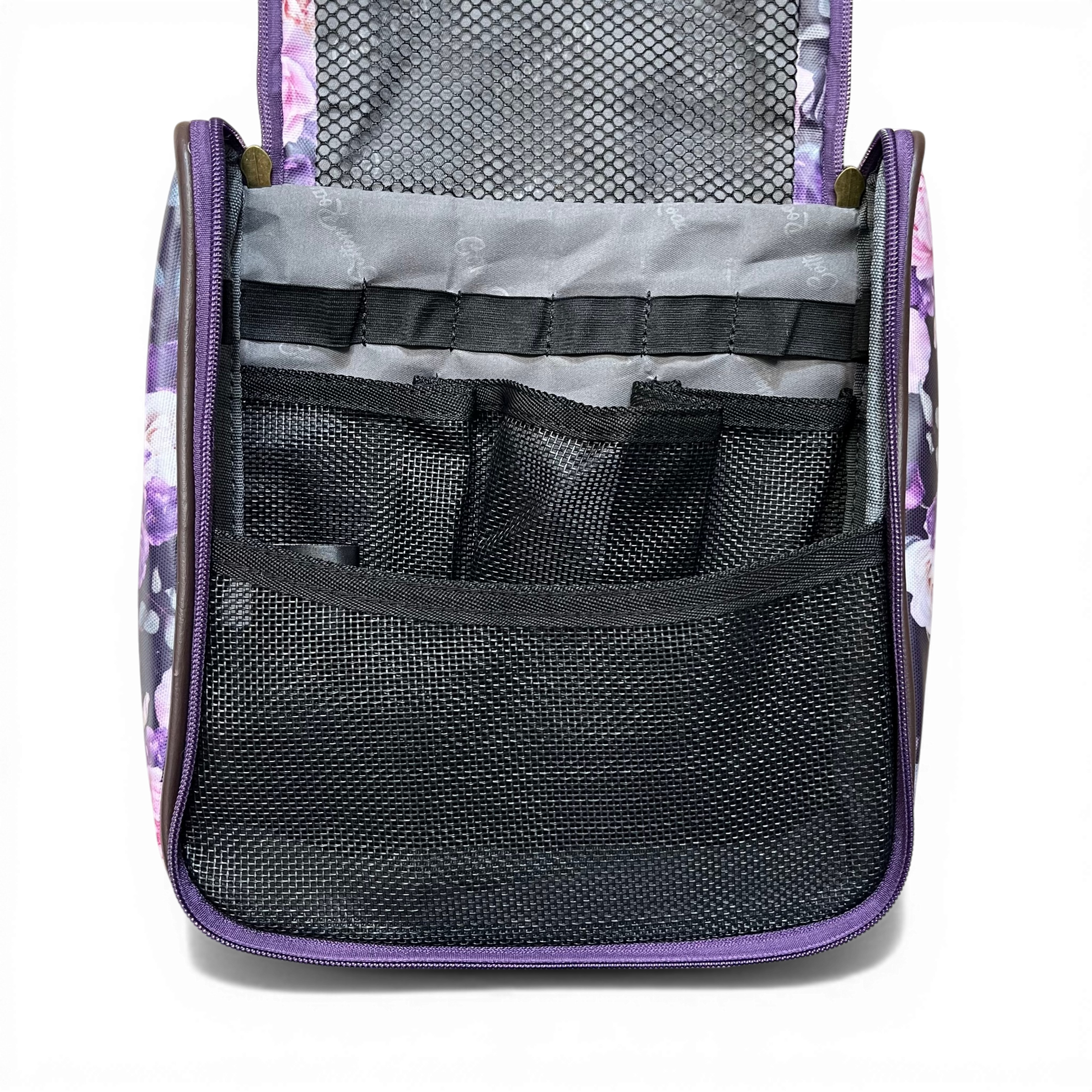 Purple floral Cotton Road toiletry bag with hanging hook and multiple interior pockets