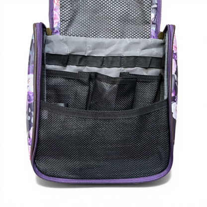 Purple floral Cotton Road toiletry bag with hanging hook and multiple interior pockets