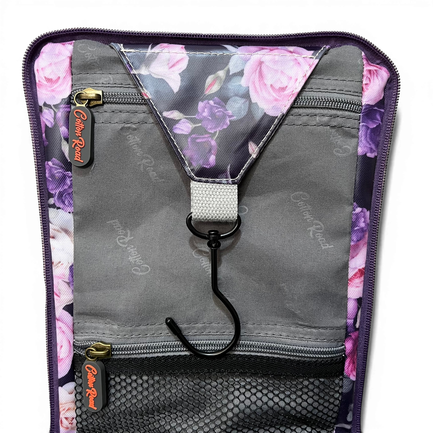 Purple floral Cotton Road toiletry bag with zipper and hanging handle