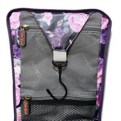 Purple floral Cotton Road toiletry bag with zipper and hanging handle