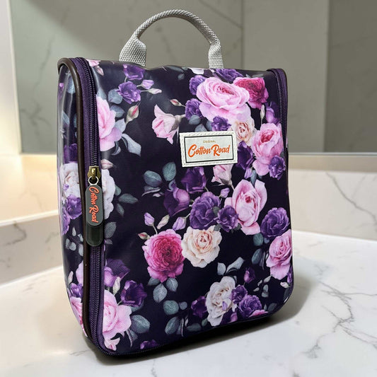 Cotton Road toiletry bag purple floral PVC hanging vanity with zipper and interior pockets