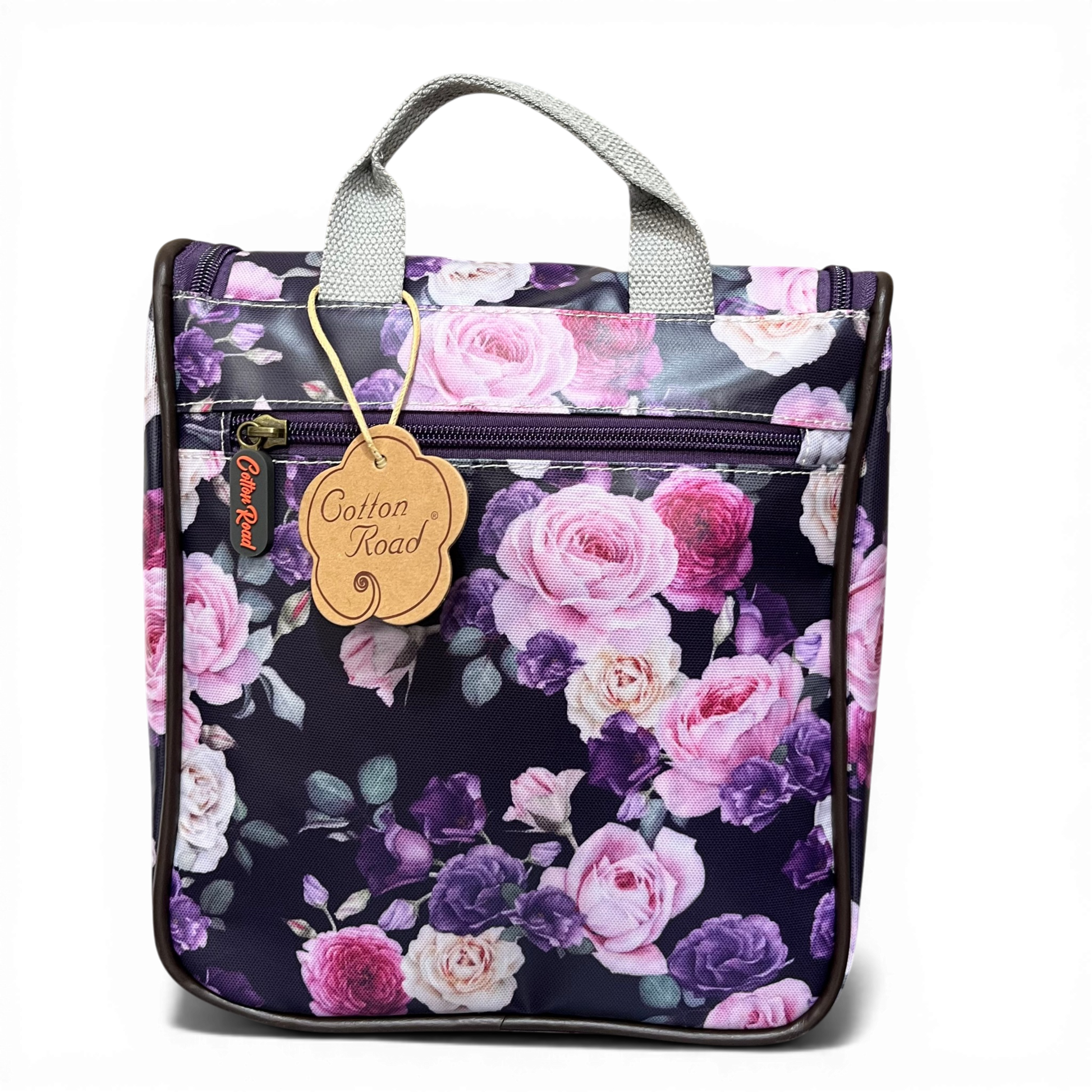 Cotton Road Toiletry Bag purple floral PVC hanging vanity bag with multiple interior pockets