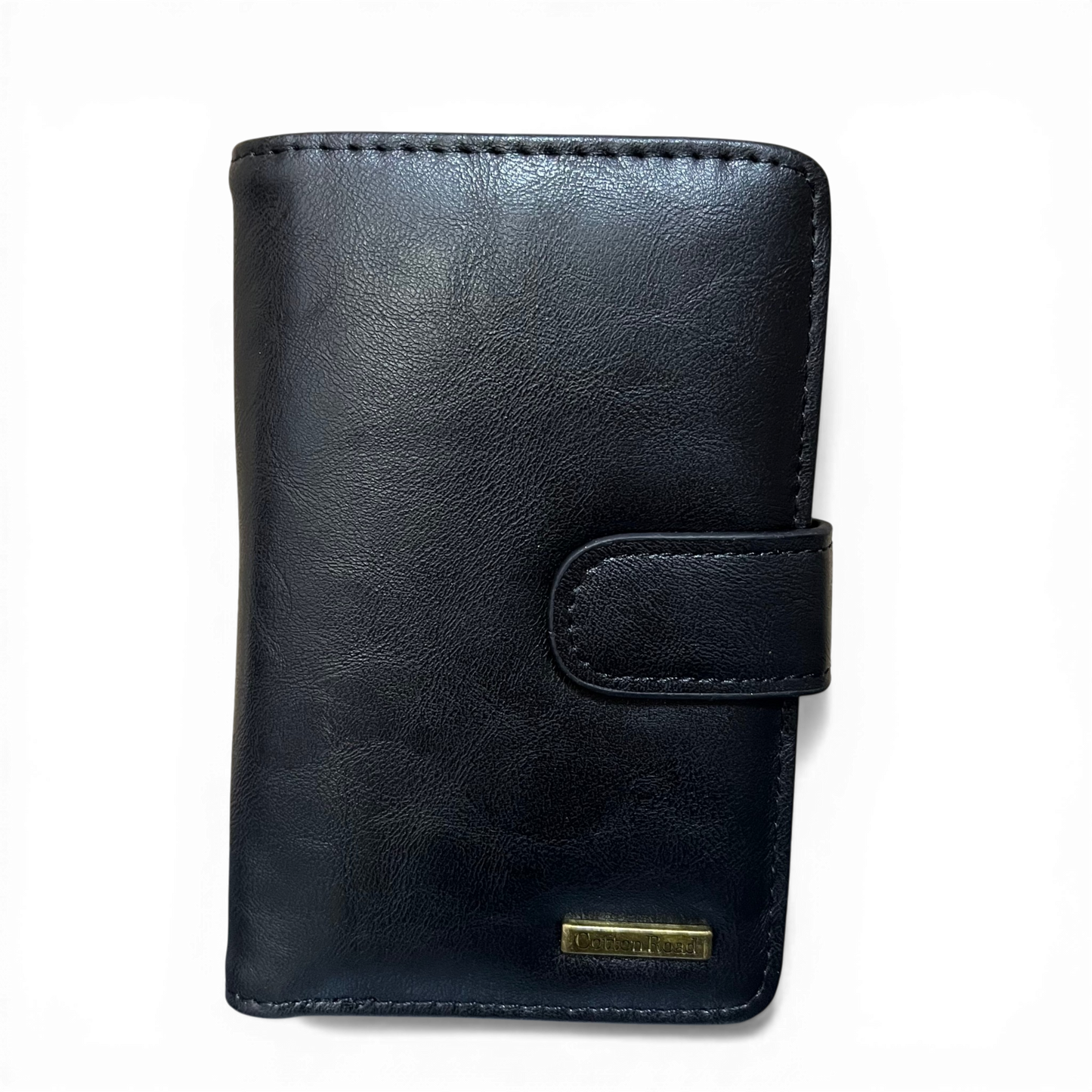 Cotton Road Wallet medium black PU leather with clip, multiple card slots, coin compartment, and ID window