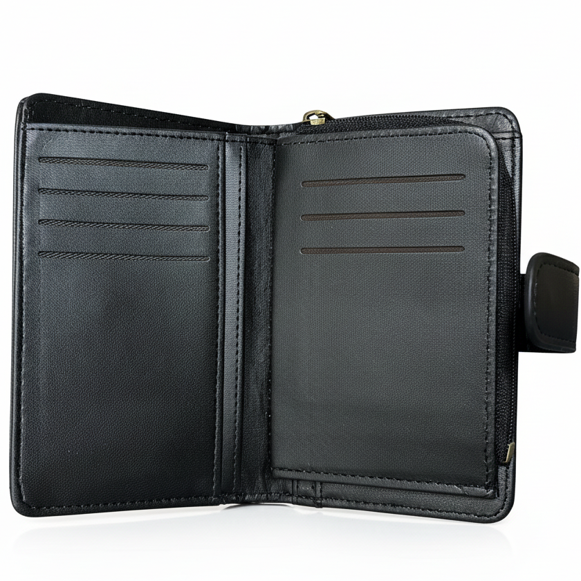 Cotton Road Wallet: Medium BLACK PU Leather with CLIP open