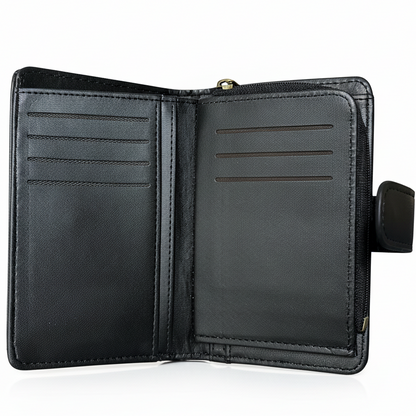 Cotton Road Wallet: Medium BLACK PU Leather with CLIP open