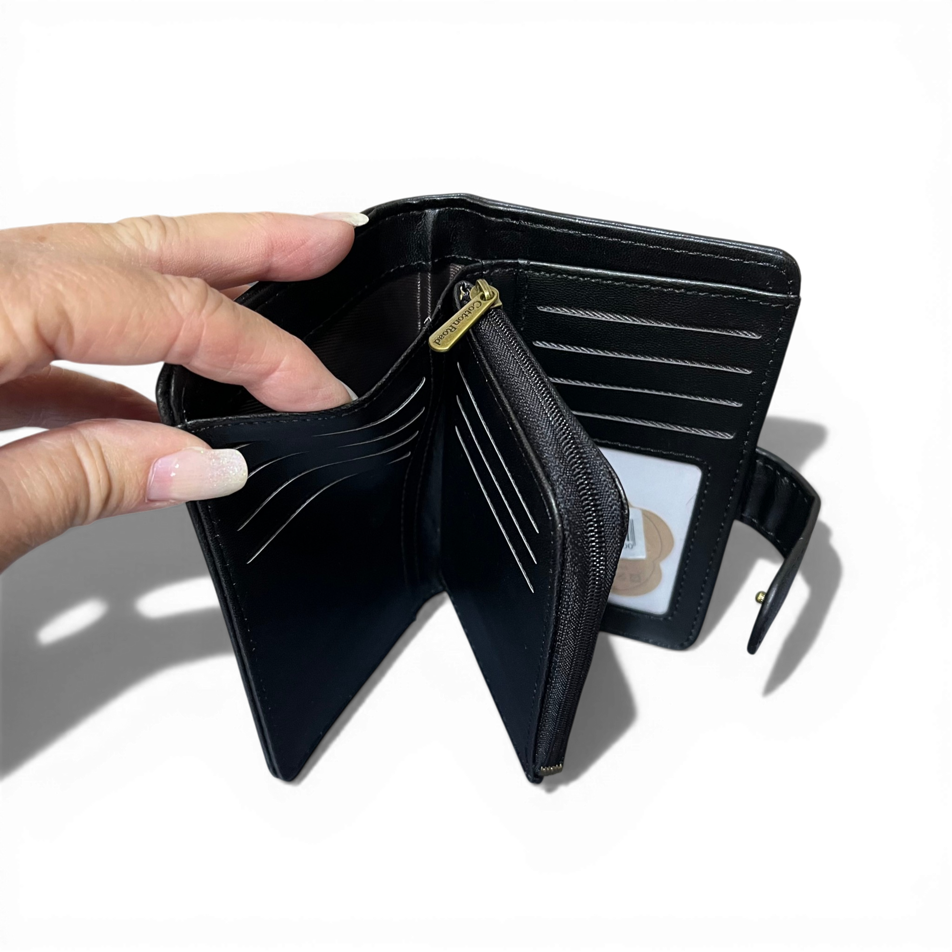 Cotton Road Wallet medium black PU leather with clip, ID window, card slots, pockets, and coin zip compartment
