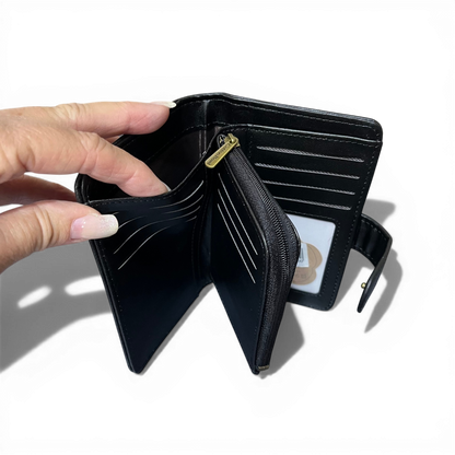 Cotton Road Wallet medium black PU leather with clip, ID window, card slots, pockets, and coin zip compartment
