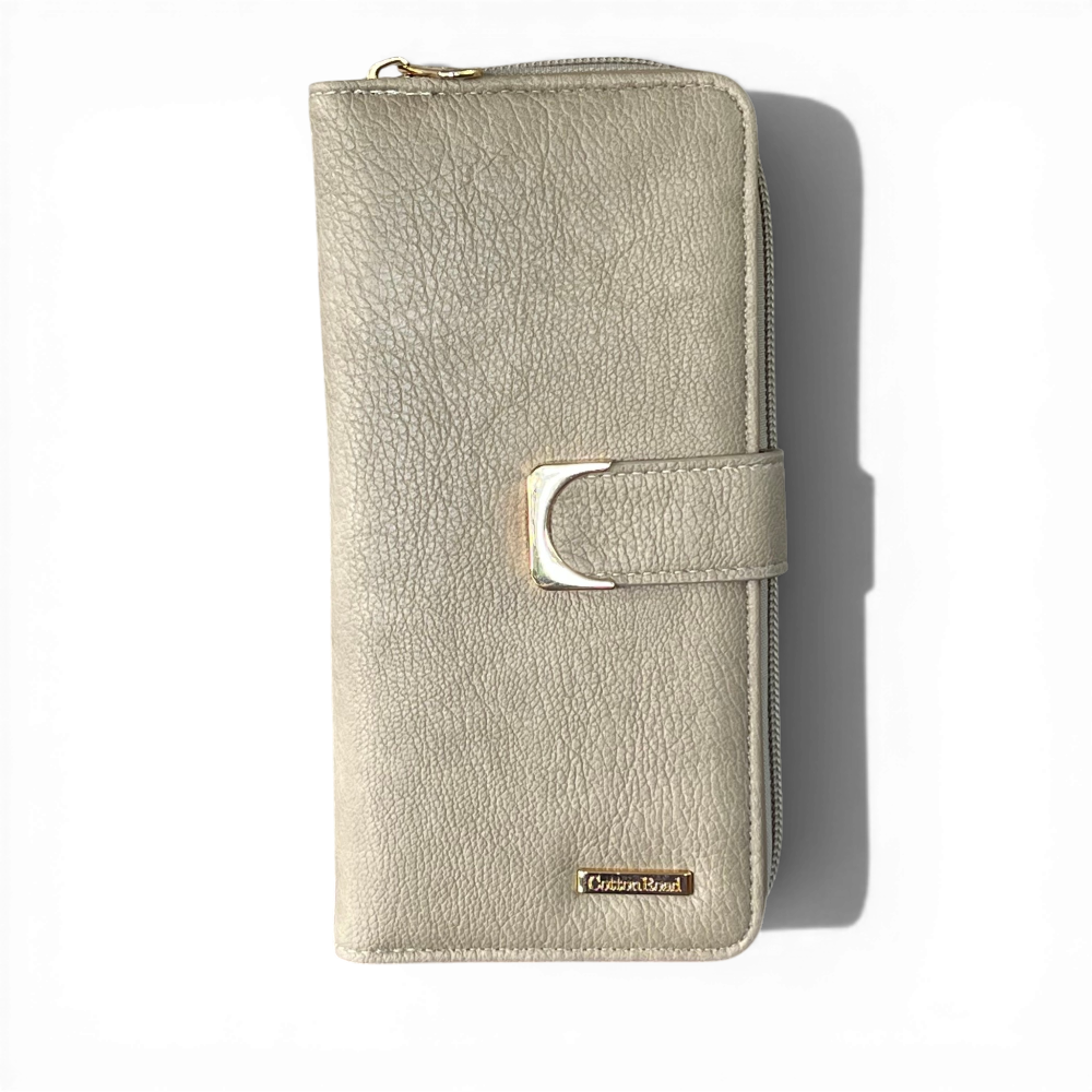 Cotton Road Wallet beige PU leather with clip, large capacity and organized compartments
