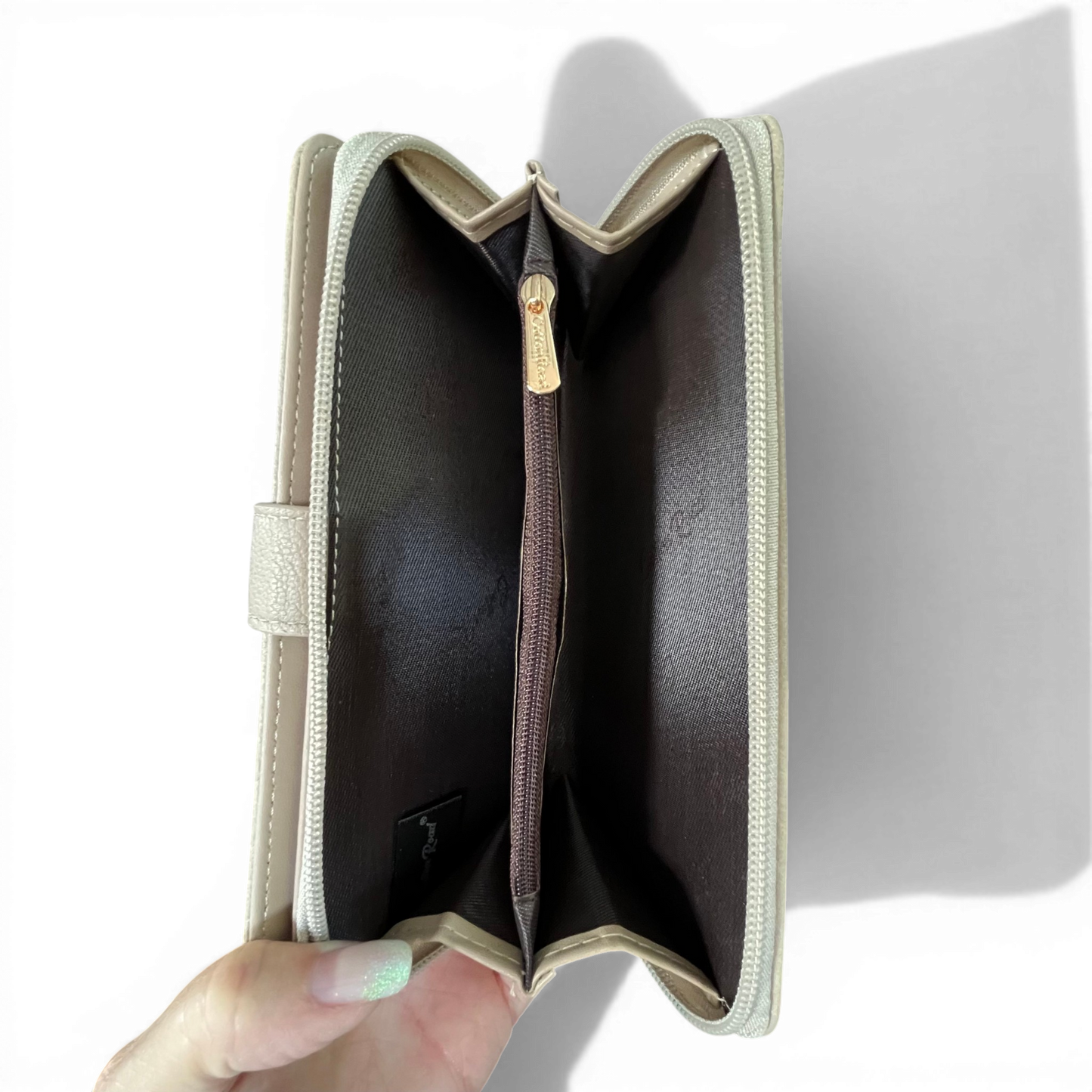 Cotton Road Wallet large beige PU leather with clip, card slots, zip coin compartment, and ID window