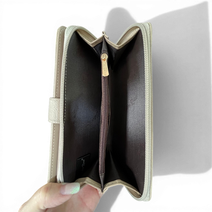 Cotton Road Wallet large beige PU leather with clip, card slots, zip coin compartment, and ID window