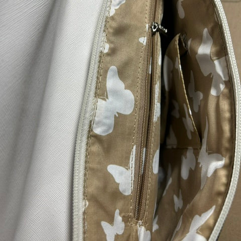 Vivace Clutch Bag: WHITE Faux Leather Sling Bag with Grey Windmill Print