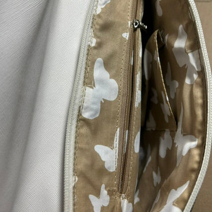 Vivace Clutch Bag: WHITE Faux Leather Sling Bag with Grey Windmill Print
