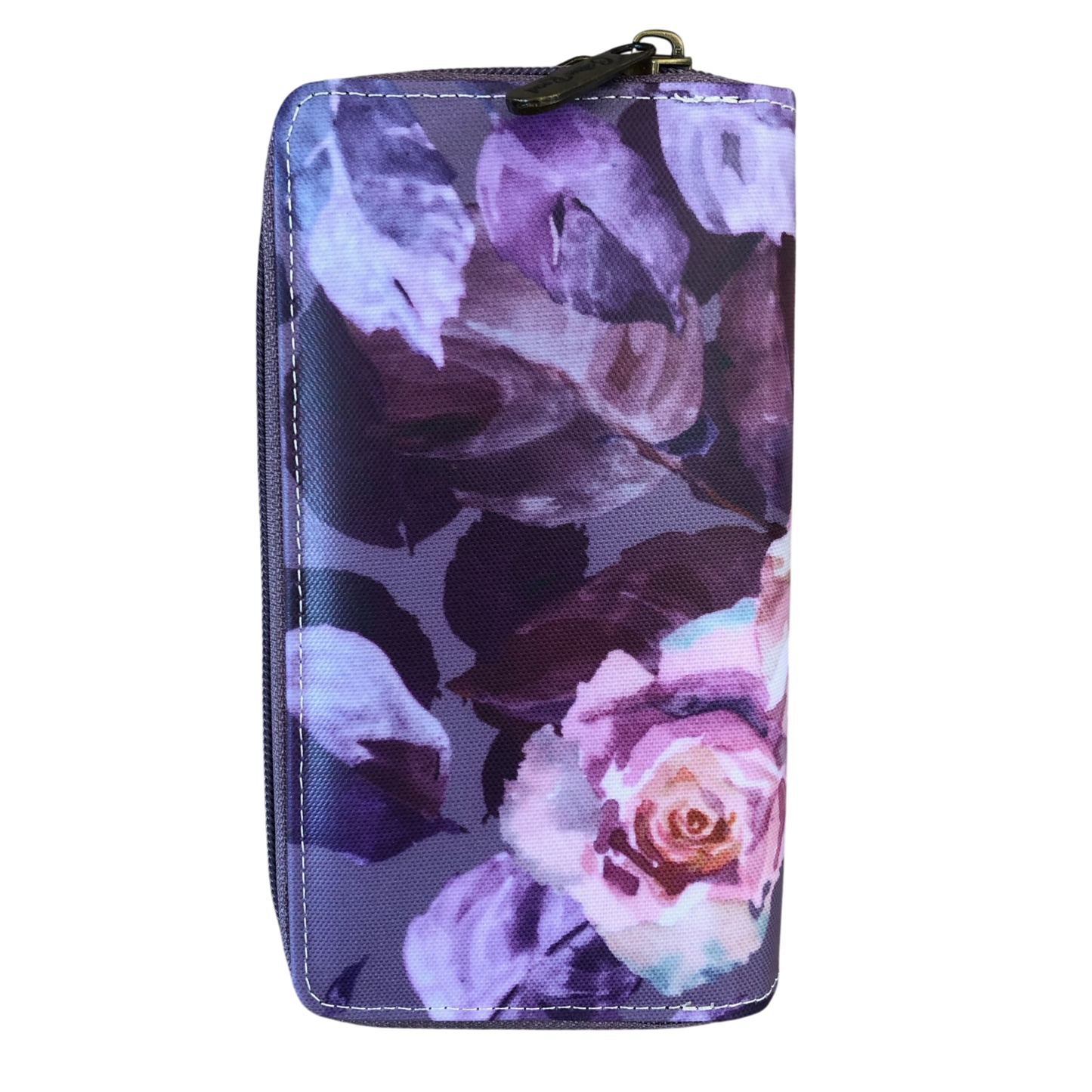 Large purple floral Cotton Road Wallet with multiple compartments and card slots