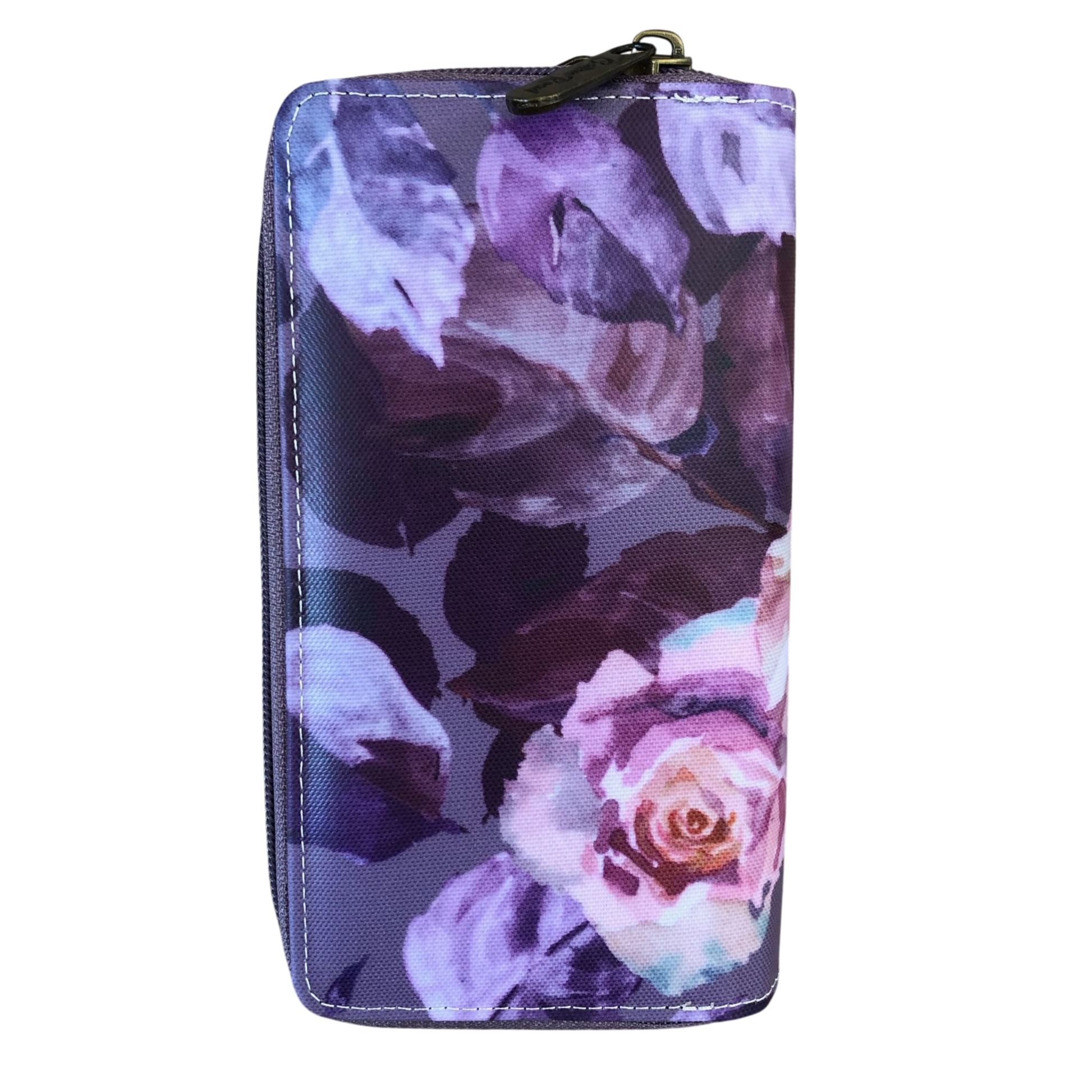 Large purple floral Cotton Road Wallet with multiple compartments and card slots