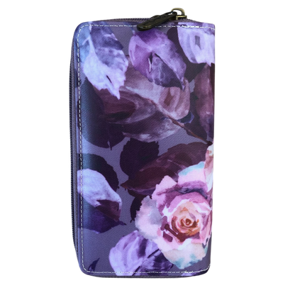 Large purple floral Cotton Road Wallet with multiple compartments and card slots