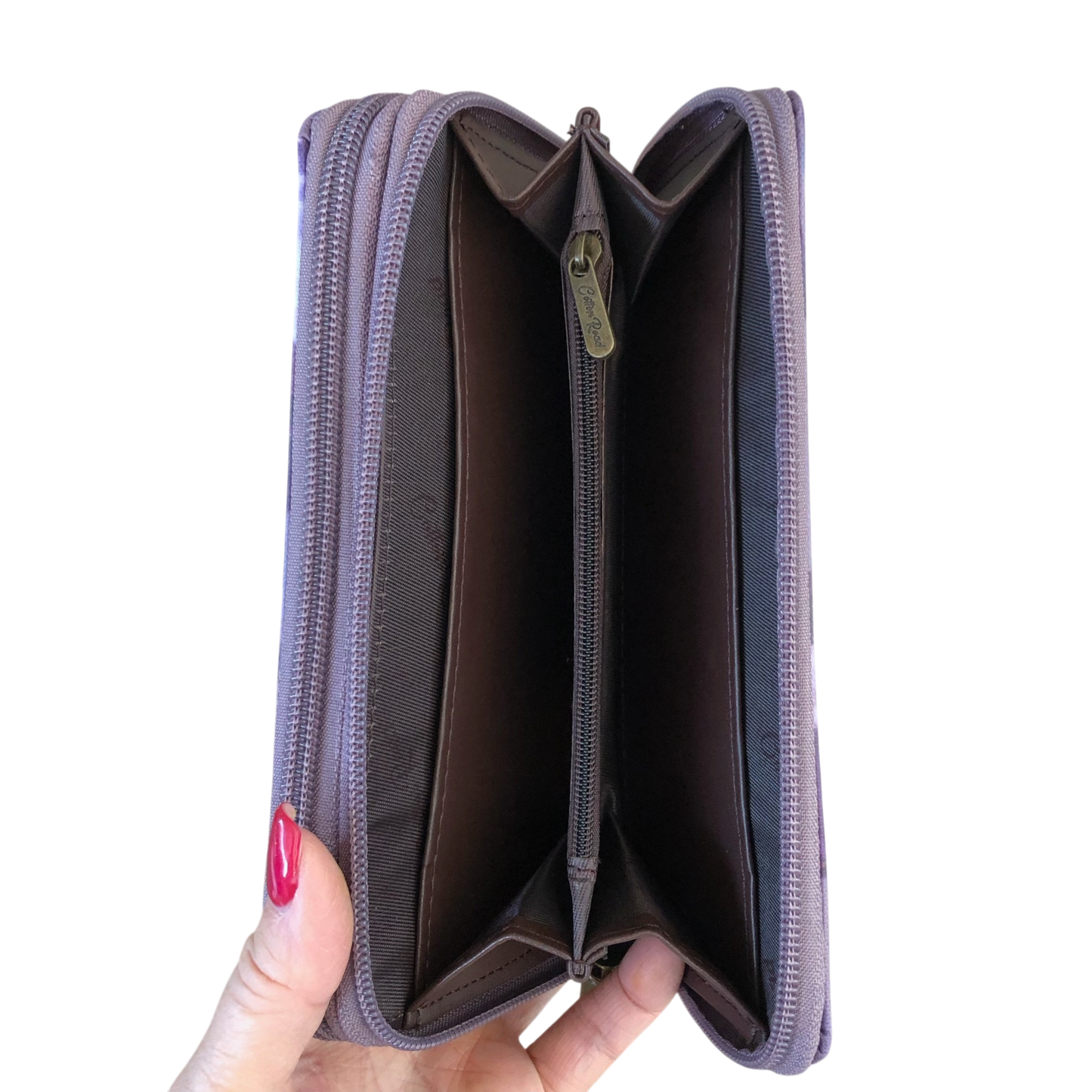 Large purple floral PVC Cotton Road wallet with multiple compartments and card slots