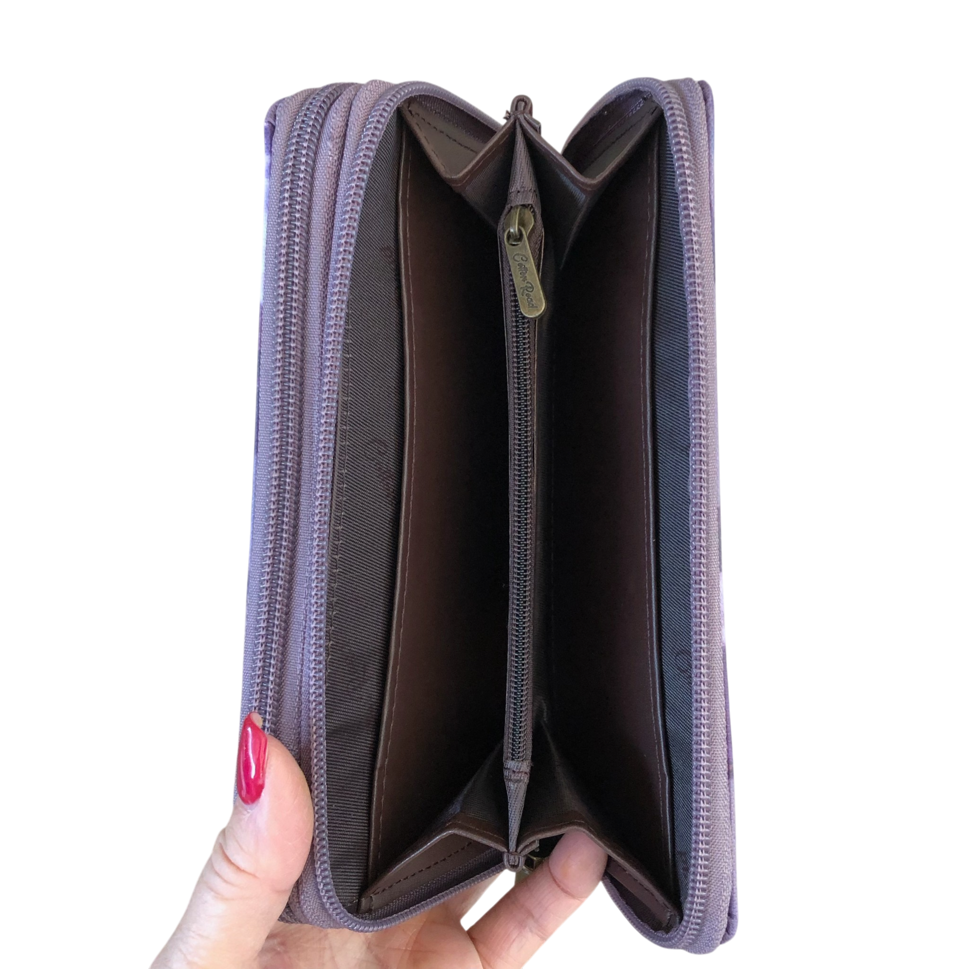 Large purple floral PVC Cotton Road wallet with multiple compartments and card slots