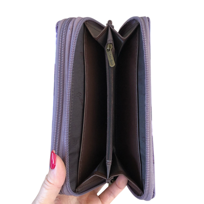 Large purple floral PVC Cotton Road wallet with multiple compartments and card slots