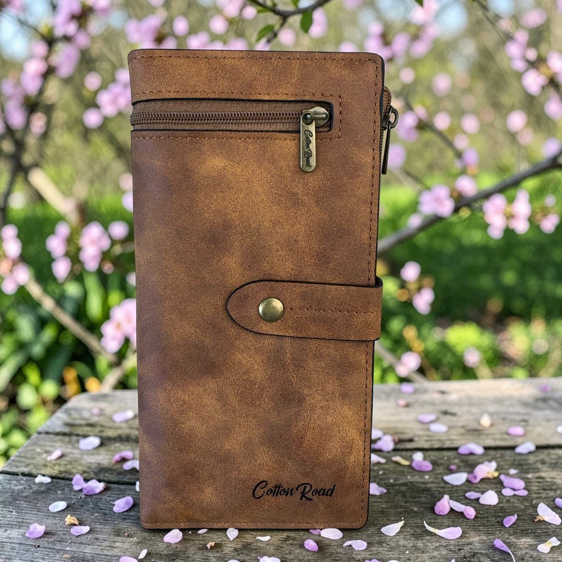 Cotton Road Wallet large khaki PU leather with exterior zip pocket and multiple compartments for organization