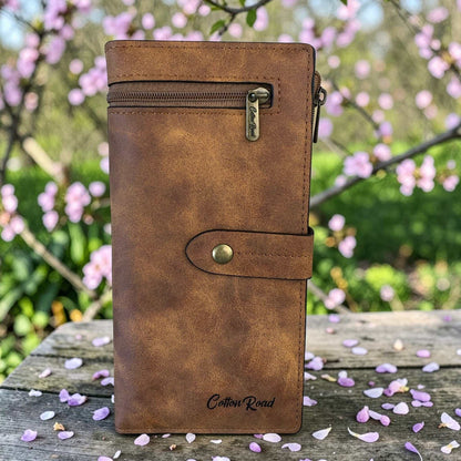 Cotton Road Wallet large khaki PU leather with exterior zip pocket and multiple compartments for organization