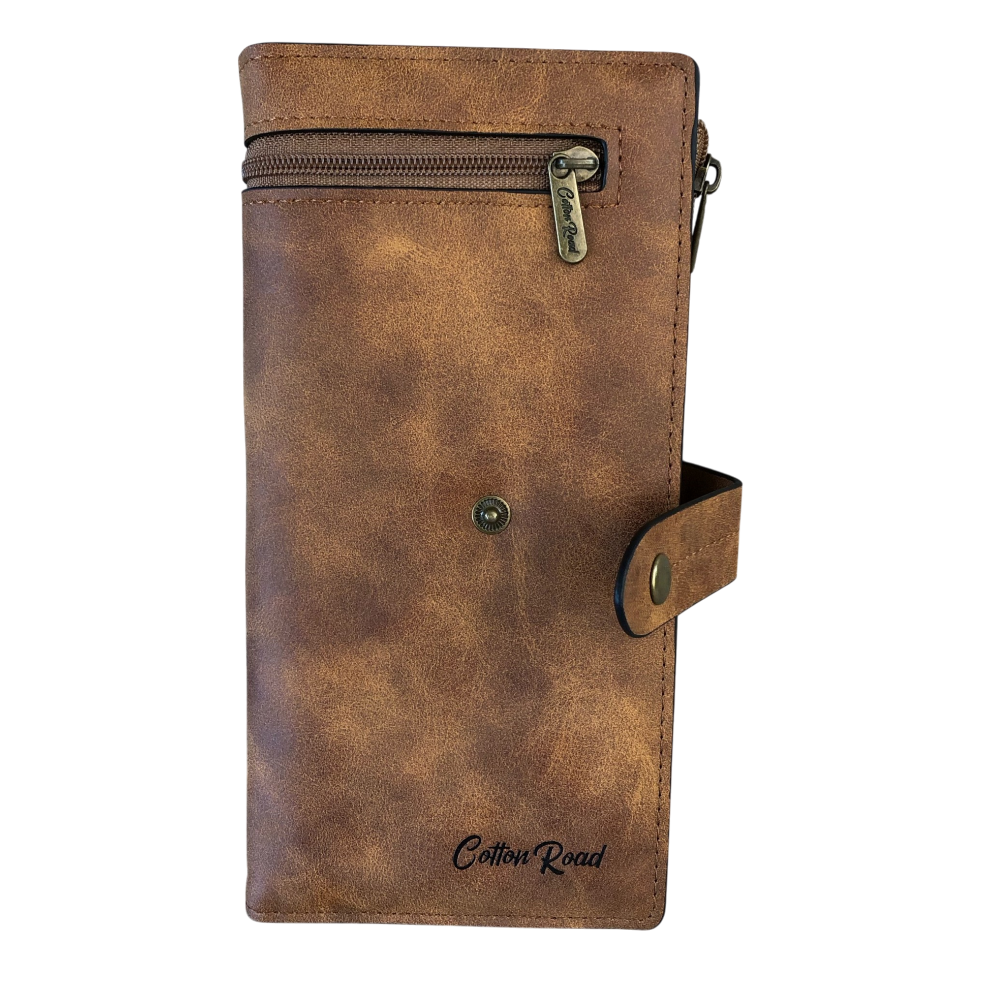 Cotton Road Wallet large khaki PU leather with exterior zip pocket and multiple compartments for organization
