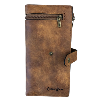 Cotton Road Wallet large khaki PU leather with exterior zip pocket and multiple compartments for organization