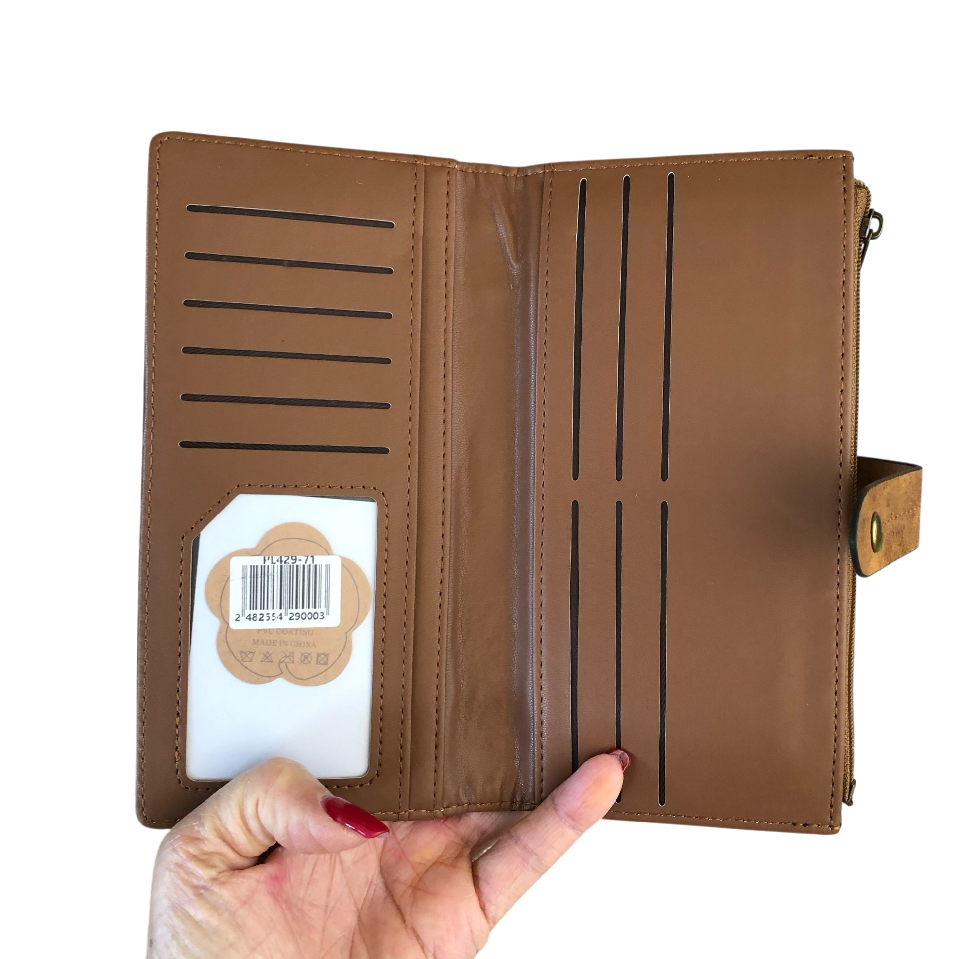 Cotton Road Wallet large khaki PU leather with exterior zip pocket and organized compartments