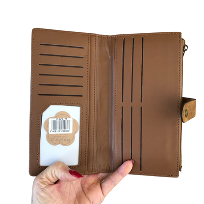 Cotton Road Wallet large khaki PU leather with exterior zip pocket and organized compartments